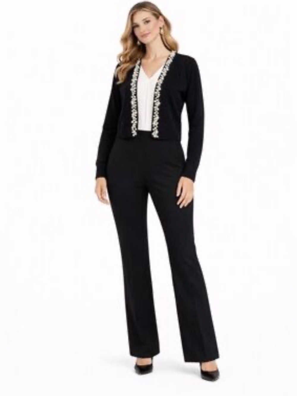 Calvin Klein Black Cropped Cardigan with Beaded Trim